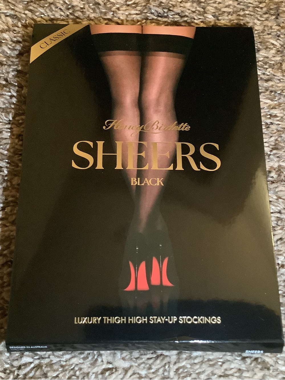 Honey Birdette sheer stay up thigh high stockings, 10 denier, black, size: L